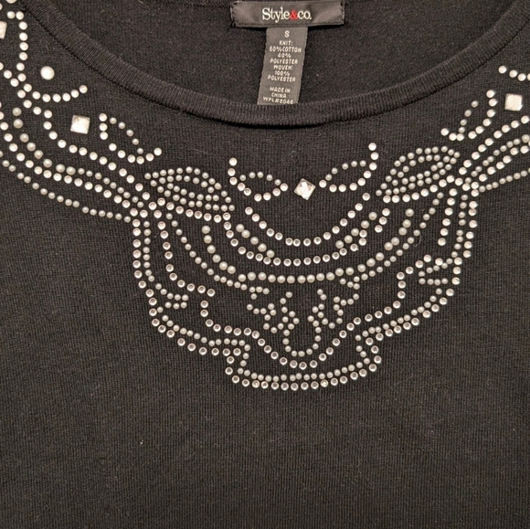 STYLE&CO Beaded Flair Tunic Black White Soft Embellished Twirl Long Top Small - Picture 5 of 11